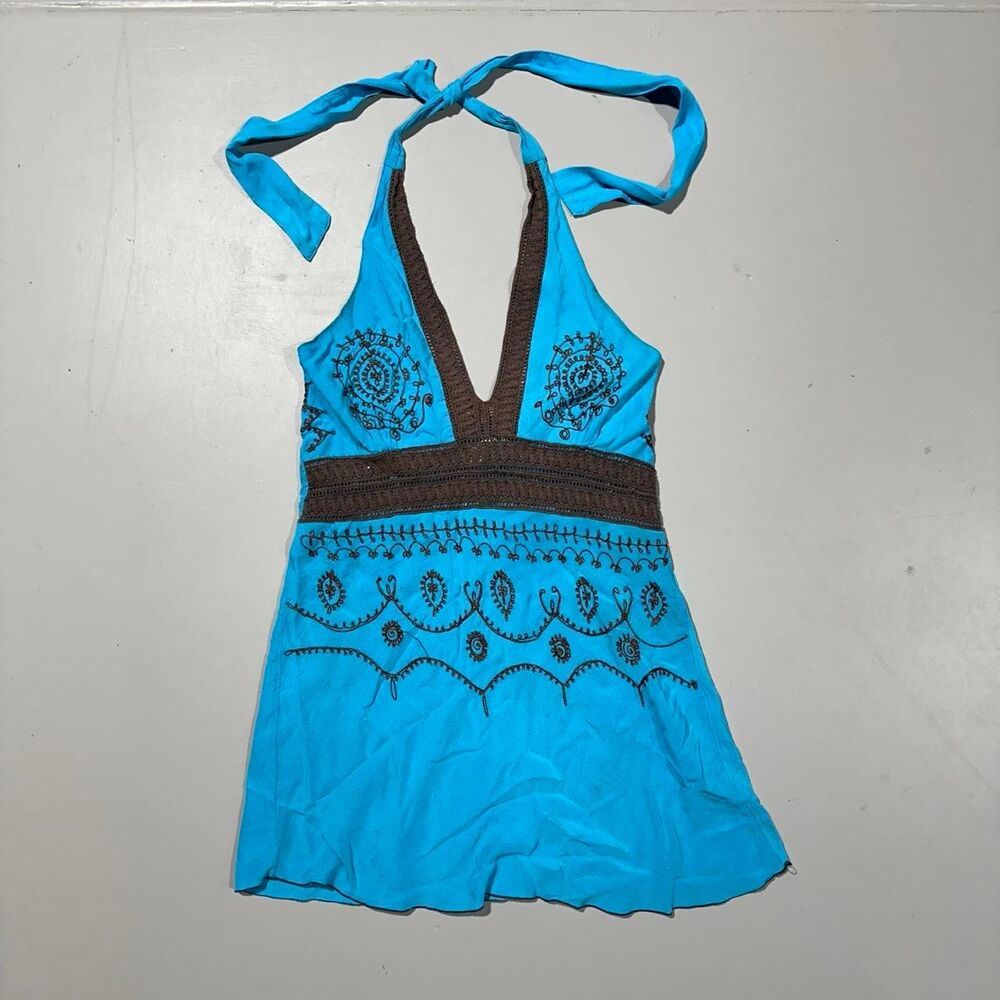 Y2K Women's Medium Blue Halter Top with Brown Embroidery